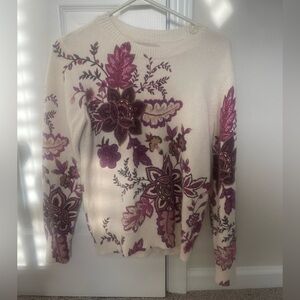 LOFT Cream Sweater with Purple Floral Embroidery